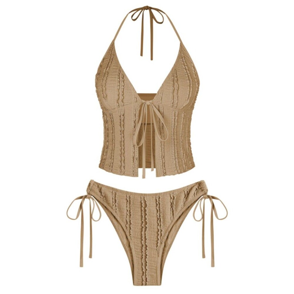 Y2K ZAFUL Brown Textured Smocked Ruffle Tie Front Tankini Set | Cheeky Beach Swi